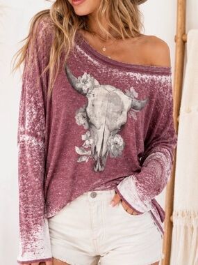 Chaser Brand Boho Long Sleeve Skull Graphic Dolman Top Medium Mauve Acid Wash